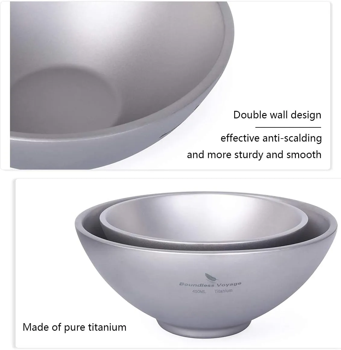Boundless Voyage 220ml Titanium Double Walled Food Bowl for Adult Children Ultralight Portable Soup Rice Bowl Outdoor Camping Metal Durable Tableware Ti1085T