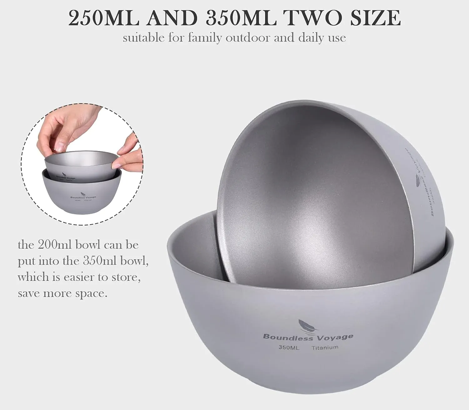 Boundless Voyage 250ML Titanium Double Wall Bowl Ultralight Portable Metal Food Rice Bowl Indoor Outdoor Camping Tableware for Adult Children Ti1093T