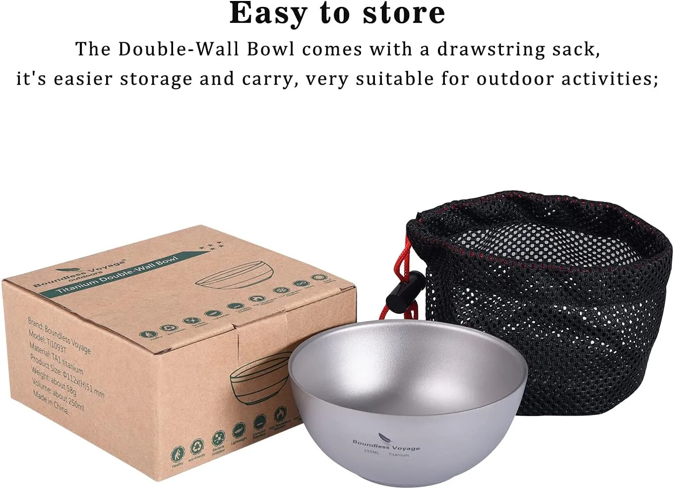 Boundless Voyage 250ML Titanium Double Wall Bowl Ultralight Portable Metal Food Rice Bowl Indoor Outdoor Camping Tableware for Adult Children Ti1093T