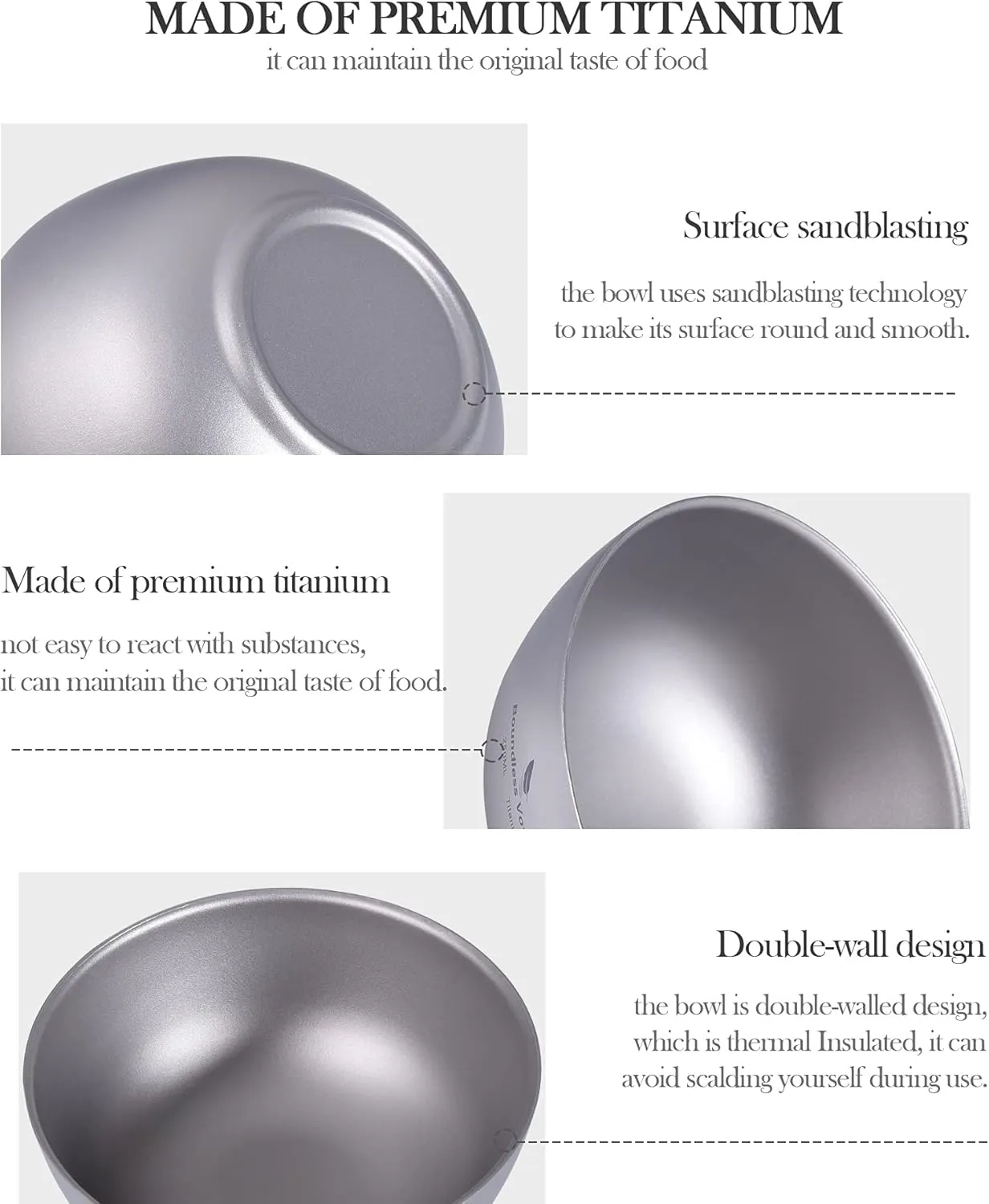 Boundless Voyage 250ML Titanium Double Wall Bowl Ultralight Portable Metal Food Rice Bowl Indoor Outdoor Camping Tableware for Adult Children Ti1093T