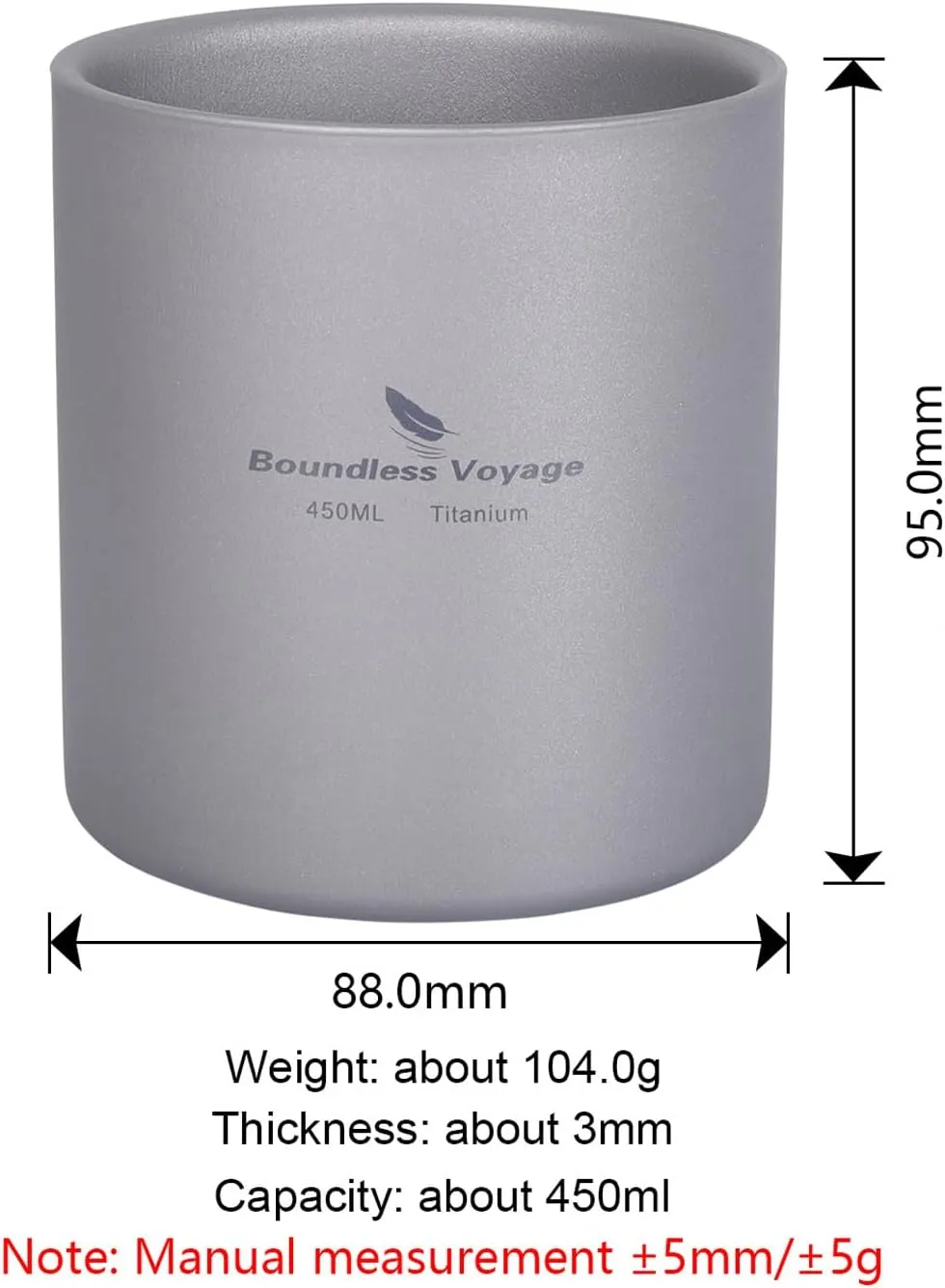 Boundless Voyage 3 in 1 Double Walled Titanium Cup Heat Resistant Mini Tea Drink Cup Outdoor Camping Mug Coffee Cups Camping Accessories (Ti3030D 450ml)