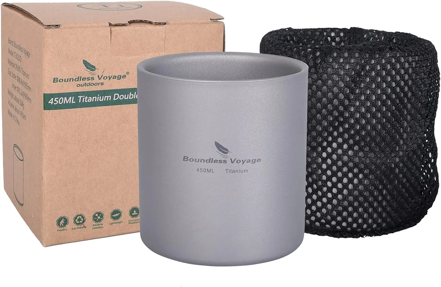 Boundless Voyage 3 in 1 Double Walled Titanium Cup Heat Resistant Mini Tea Drink Cup Outdoor Camping Mug Coffee Cups Camping Accessories (Ti3030D 450ml)