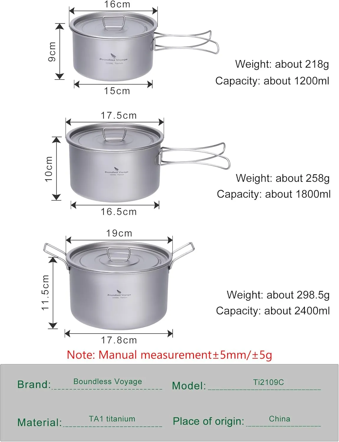 Boundless Voyage Camping Cookware Lightweight Cooking Pot Set Titanium Pot Portable for Outdoor Cooking Traveling Hiking Trekking Backpacking, 1-5 Person