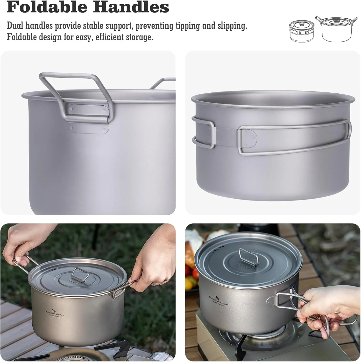 Boundless Voyage Camping Cookware Lightweight Cooking Pot Set Titanium Pot Portable for Outdoor Cooking Traveling Hiking Trekking Backpacking, 1-5 Person