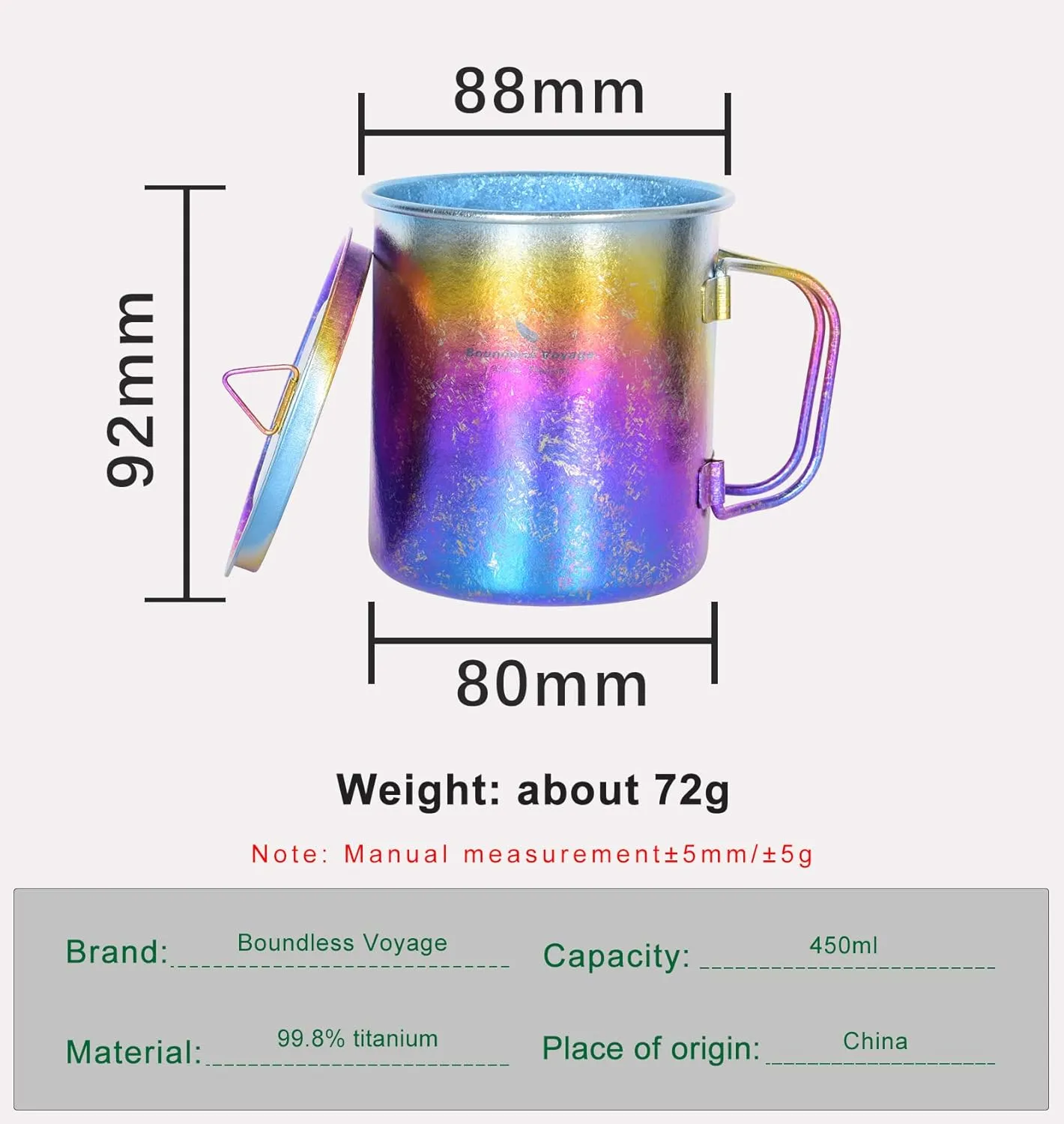 Boundless Voyage Titanium Cup 450ml/15oz Camping Cups & Mugs with Lid Ultralight Drinking Cup for Outdoor, Hinking, Garden Ti3055D (Multicolor)