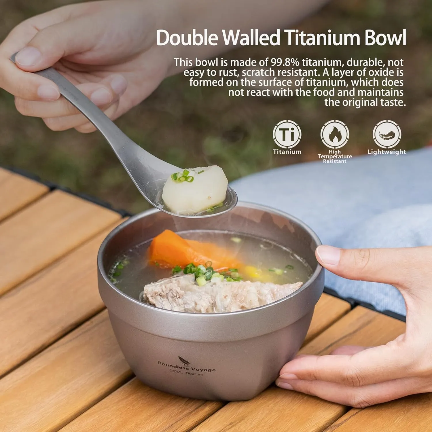 Boundless Voyage Titanium Double Walled Bowl - Ultralight Portable Tableware for Oatmeal, Rice, Soup, Yogurt - Outdoor Camping Metal Bowl (500ml)