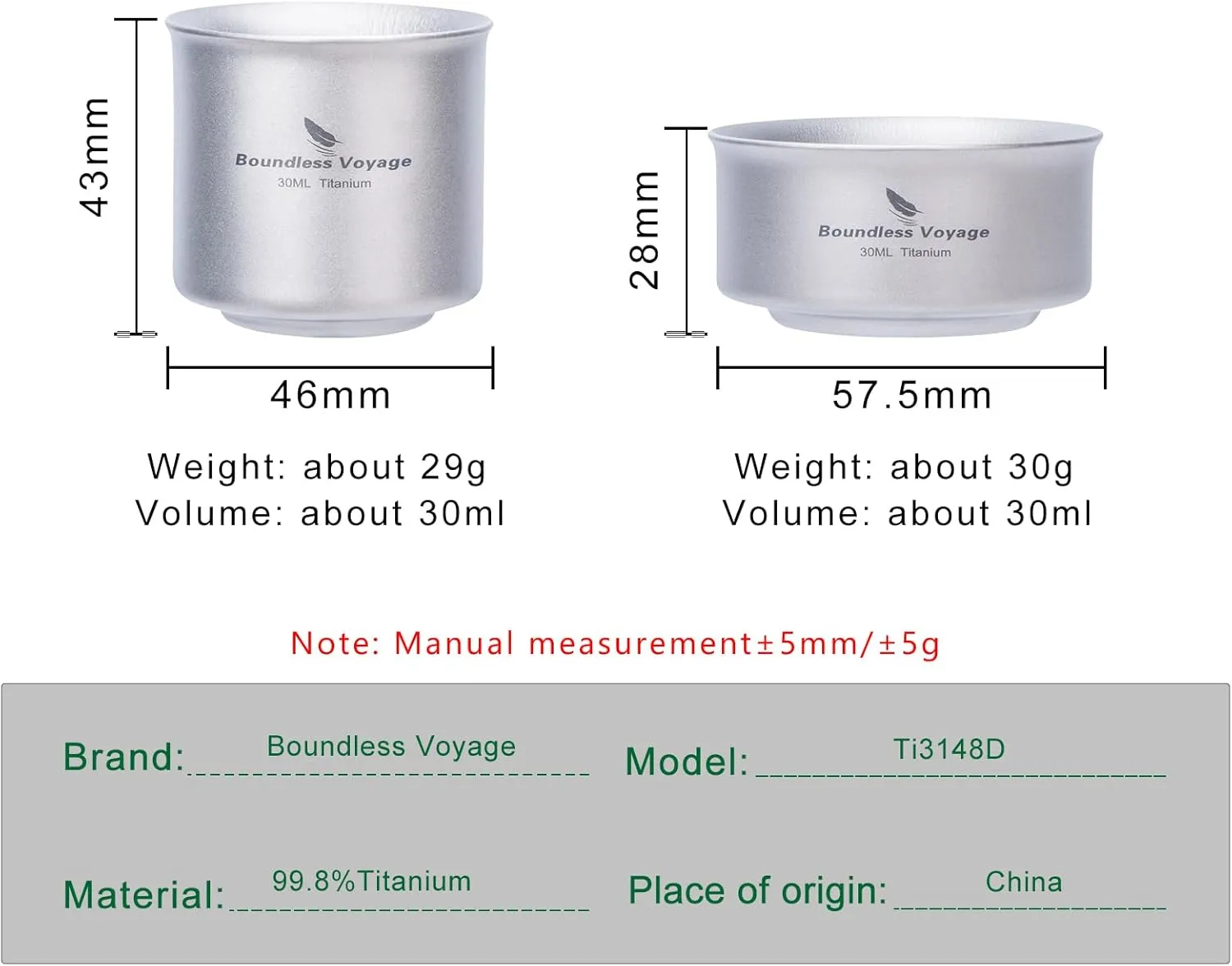 Boundless Voyage Titanium Teacup Double-Layer Tea Maker Outdoor Teapot Camping Mug Set Leightweight Drinking Cup for Backpacking Picnic Travel (Ti3148D-3cups)