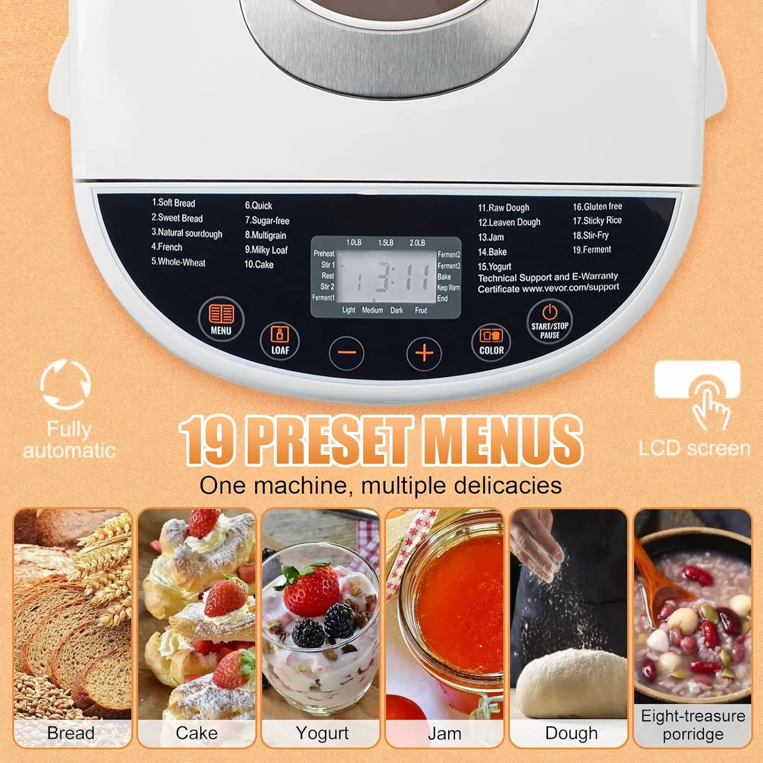 Bread Maker, 19-in-1 2LB Dough Machine, Nonstick Ceramic Pan Automatic Breadmaker with Gluten Free Setting, Automatic Compact Dough Machine Nonstick,Digital,3 Loaf Sizes, 2 Crust Colors, White