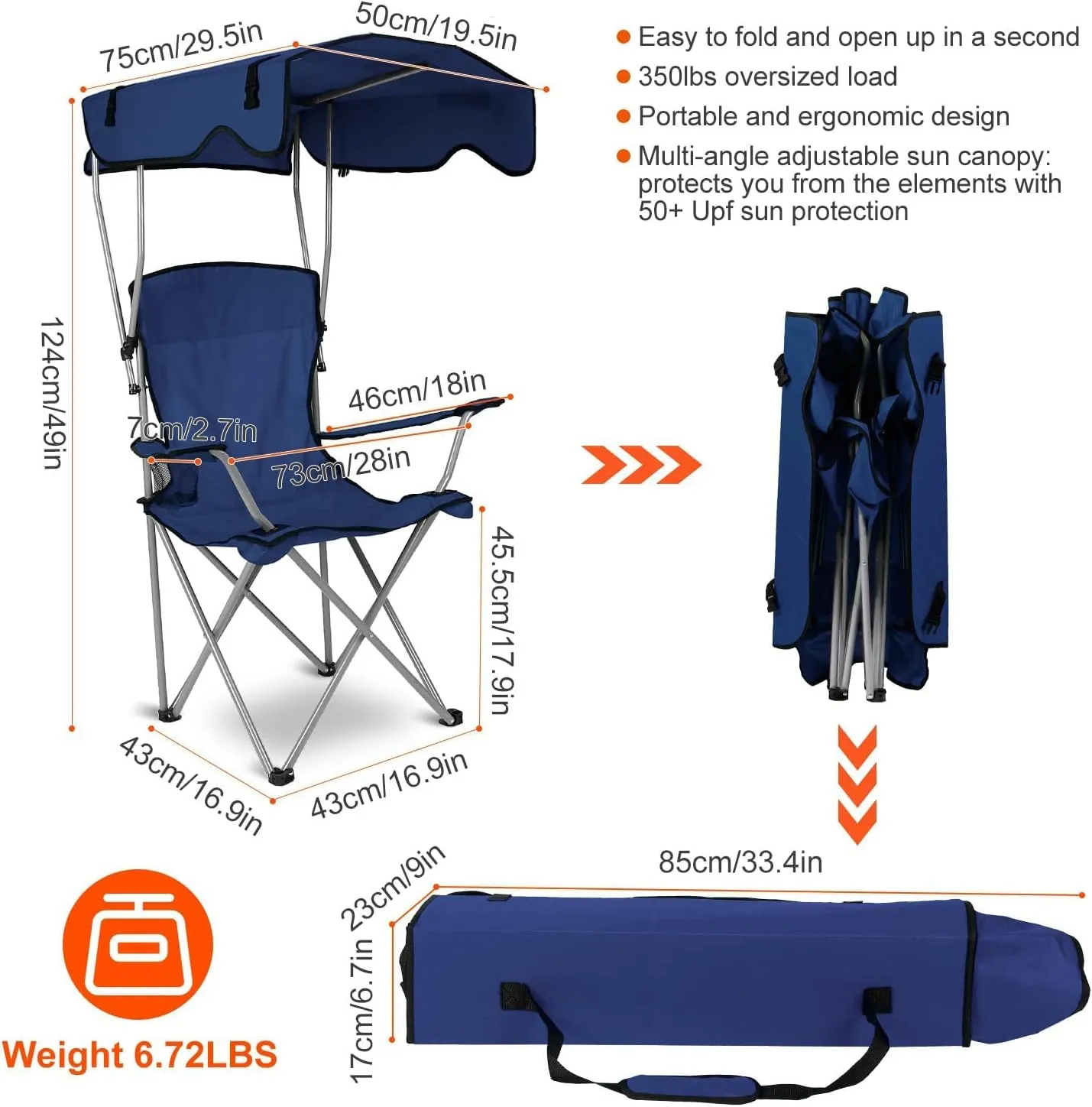 Camping Chair with Canopy, Outdoor Folding Lounge Chair with Adjustable UPF 50  Sun Shade & Cup Holder, Portable Camping Recliner for Camp Beach Outdoor Sports, 350LB Max Support - U.S Spot