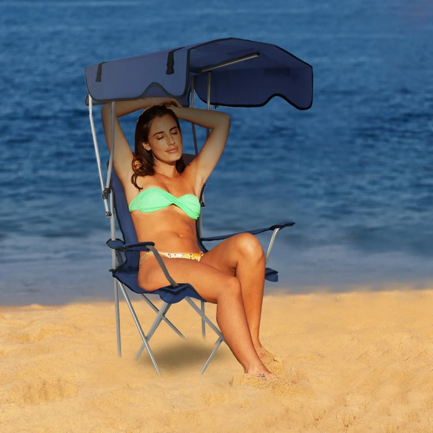 Camping Chair with Canopy, Outdoor Folding Lounge Chair with Adjustable UPF 50  Sun Shade & Cup Holder, Portable Camping Recliner for Camp Beach Outdoor Sports, 350LB Max Support - U.S Spot