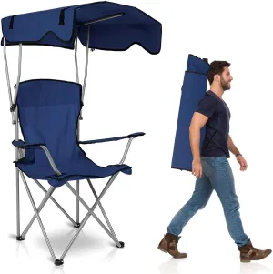 Camping Chair with Canopy, Outdoor Folding Lounge Chair with Adjustable UPF 50  Sun Shade & Cup Holder, Portable Camping Recliner for Camp Beach Outdoor Sports, 350LB Max Support - U.S Spot
