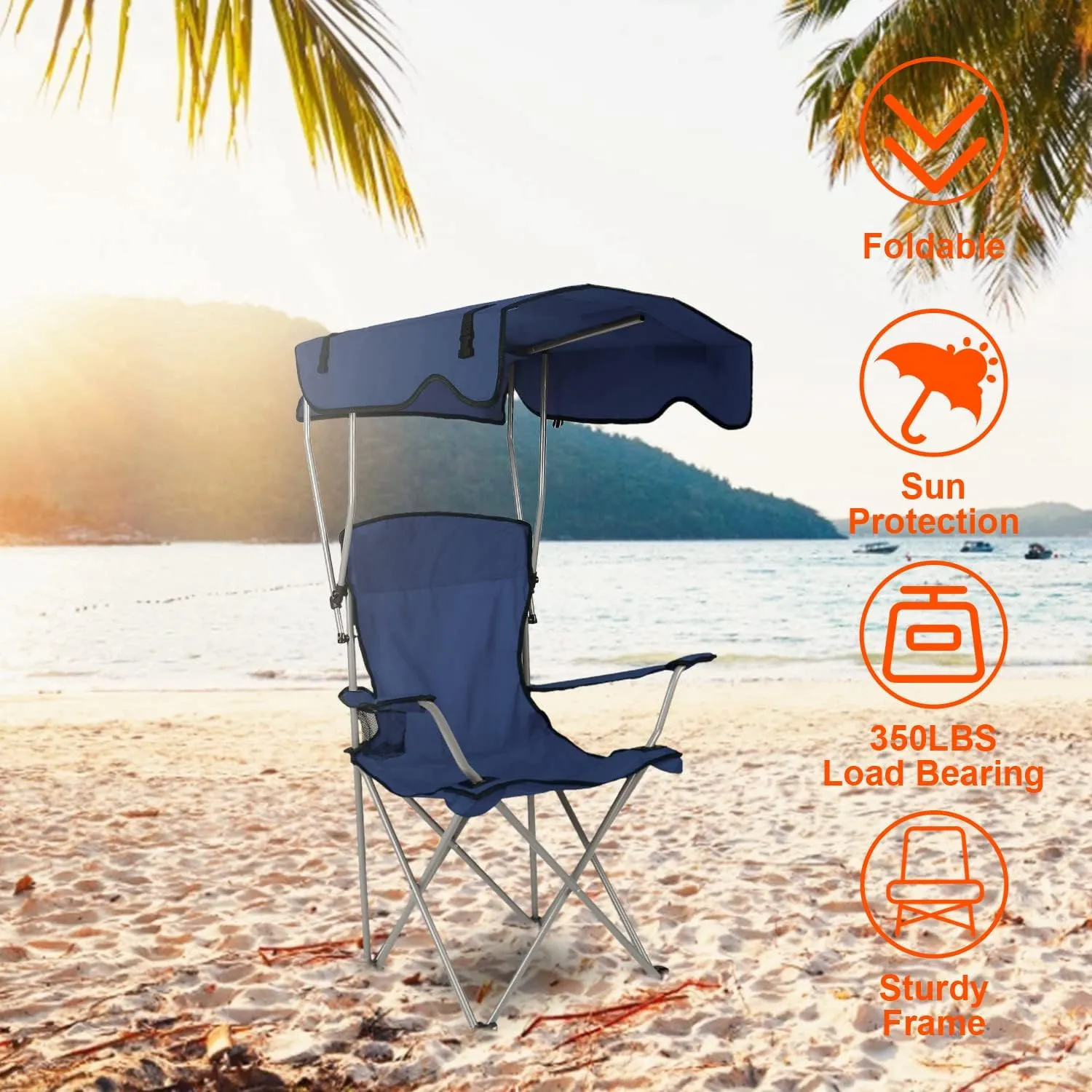 Camping Chair with Canopy, Outdoor Folding Lounge Chair with Adjustable UPF 50  Sun Shade & Cup Holder, Portable Camping Recliner for Camp Beach Outdoor Sports, 350LB Max Support - U.S Spot