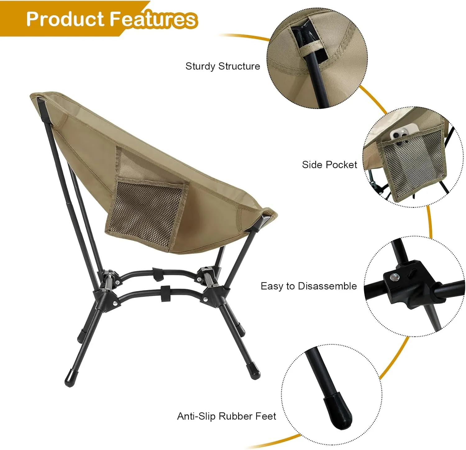 Camping Chairs, Folding Camping Chair, Adjustable 2-Way for Adults Portable Backpacking Camp Chair Foldable Compact for Outdoor Hiking Picnic Beach BBQ-Khaki