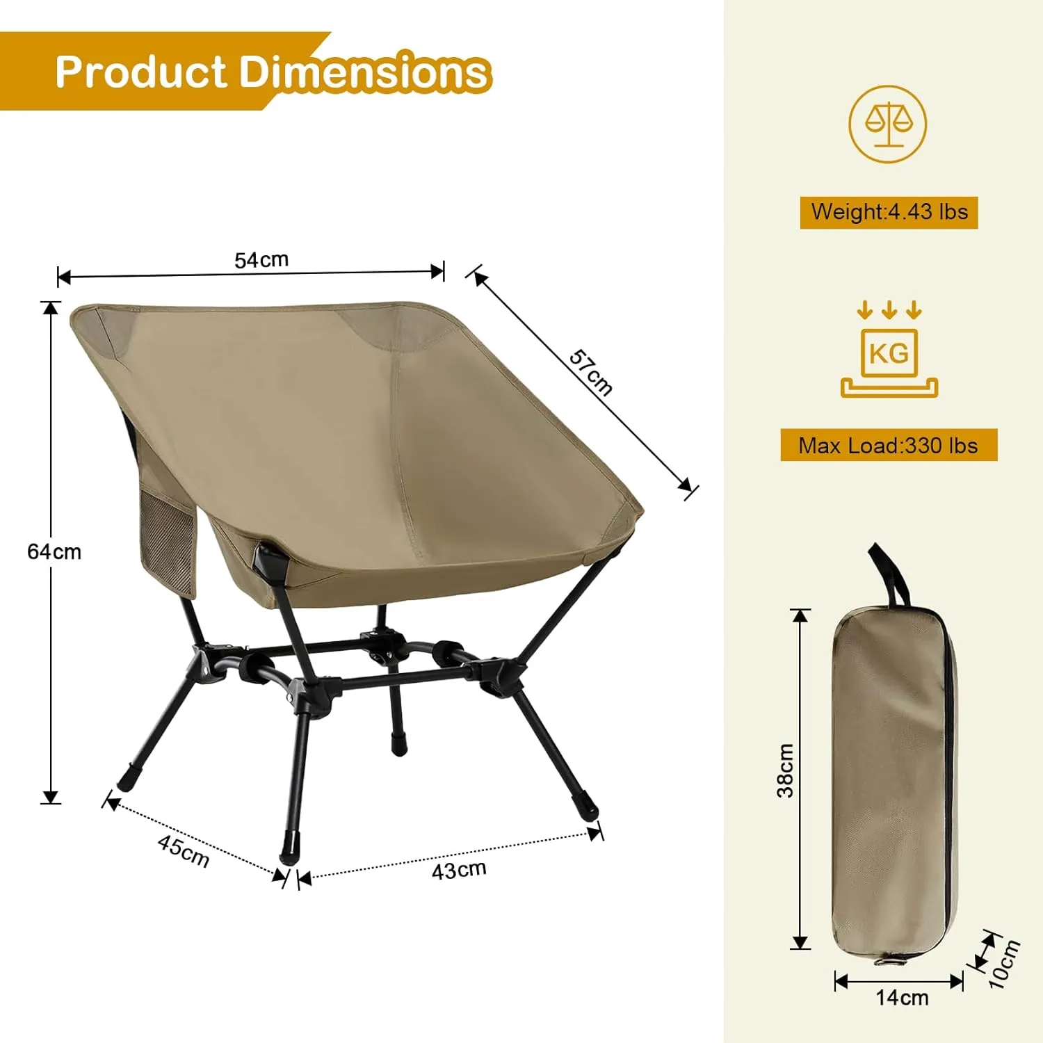 Camping Chairs, Folding Camping Chair, Adjustable 2-Way for Adults Portable Backpacking Camp Chair Foldable Compact for Outdoor Hiking Picnic Beach BBQ-Khaki