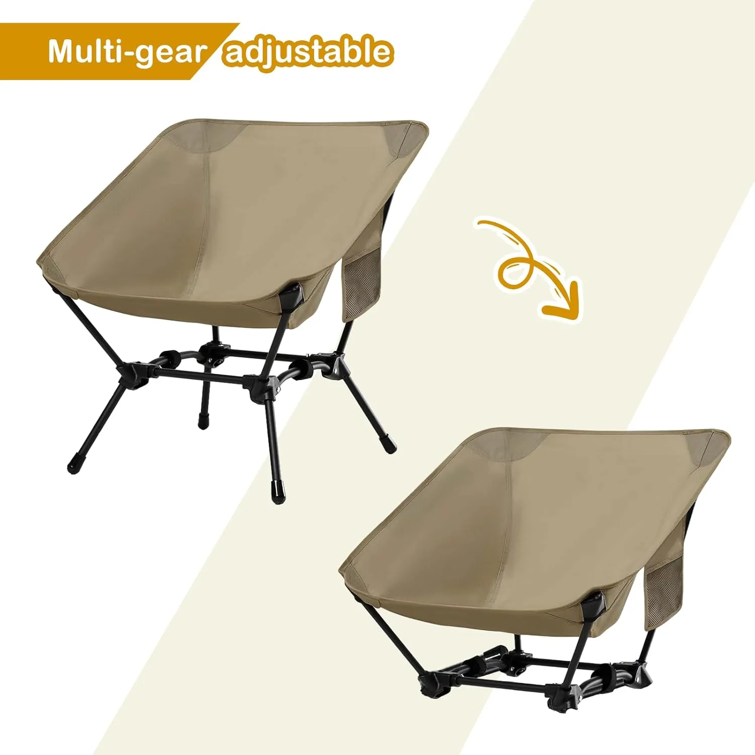 Camping Chairs, Folding Camping Chair, Adjustable 2-Way for Adults Portable Backpacking Camp Chair Foldable Compact for Outdoor Hiking Picnic Beach BBQ-Khaki