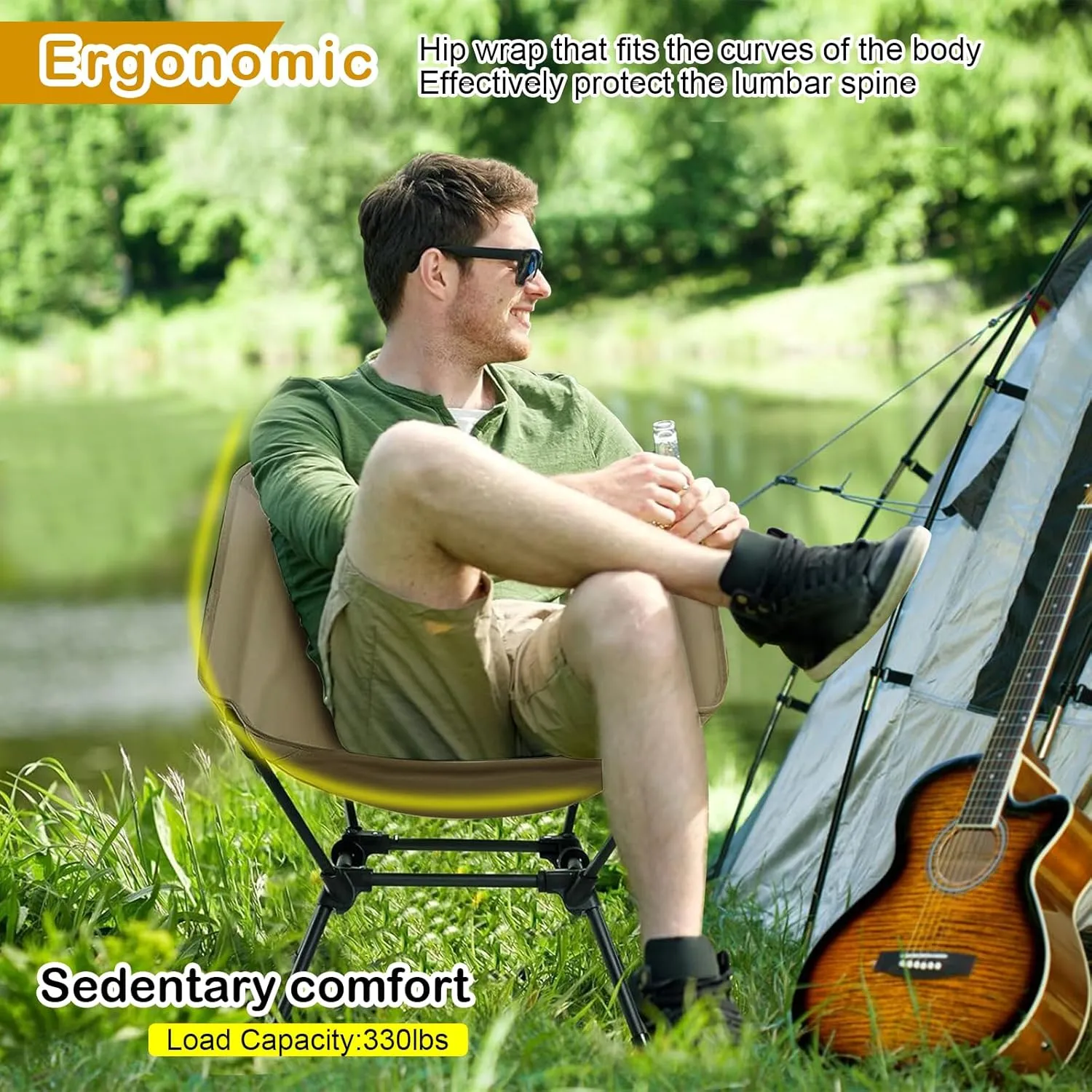 Camping Chairs, Folding Camping Chair, Adjustable 2-Way for Adults Portable Backpacking Camp Chair Foldable Compact for Outdoor Hiking Picnic Beach BBQ-Khaki