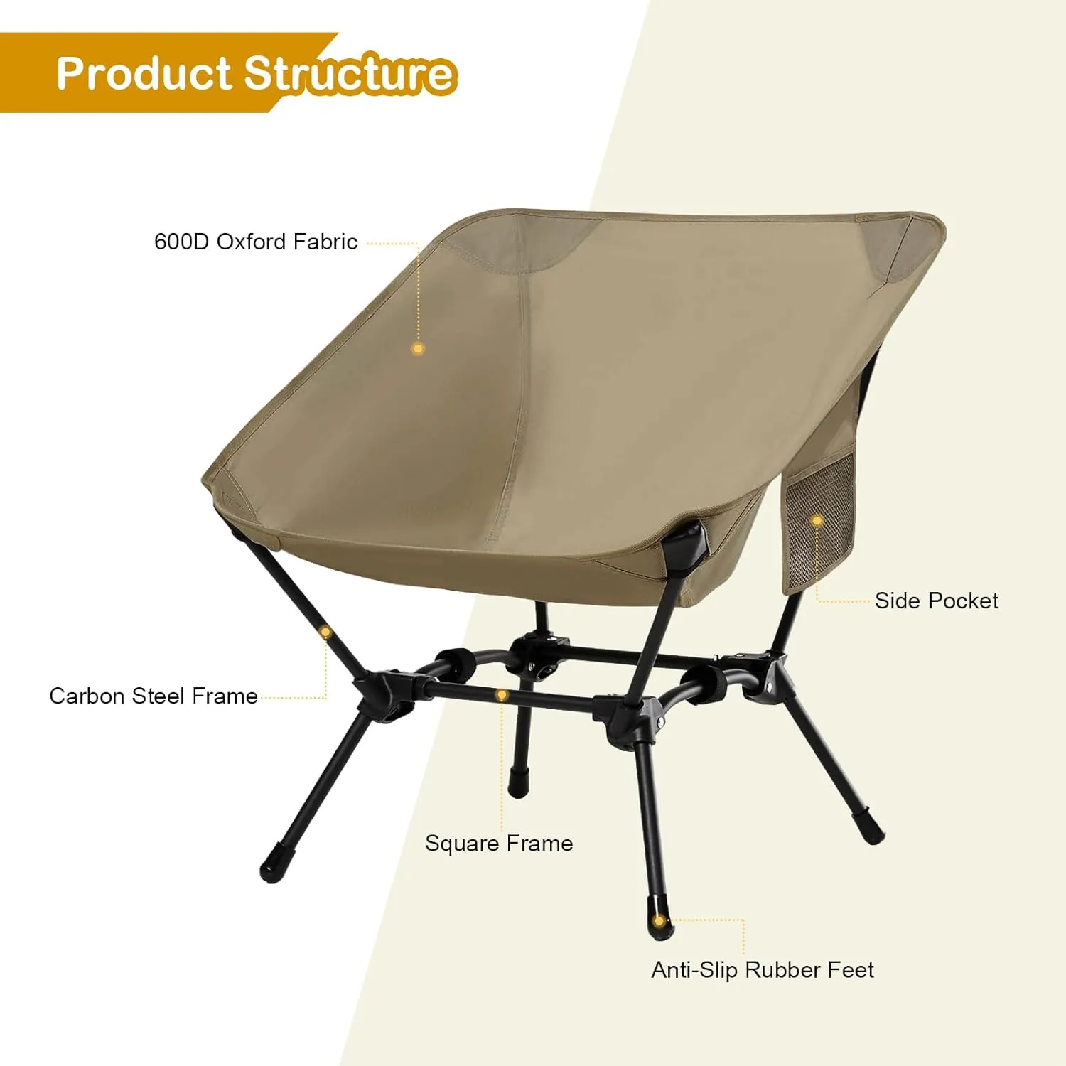 Camping Chairs, Folding Camping Chair, Adjustable 2-Way for Adults Portable Backpacking Camp Chair Foldable Compact for Outdoor Hiking Picnic Beach BBQ-Khaki