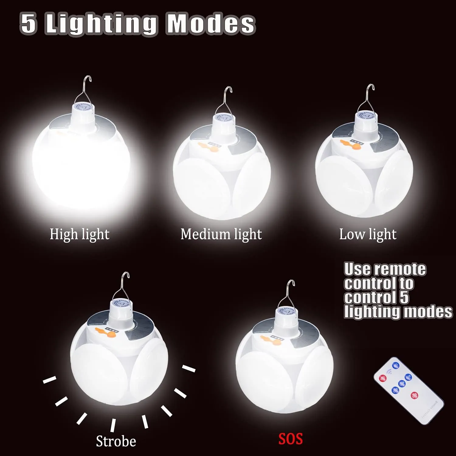 Camping LED Lantern Blub 45LED Tent Solar Lights 5 Mode USB Rechargeable Foldable Remote Control Portable Hooked Hanging Flashlight Outdoor Fishing Emergency Power Outage 1 Pack