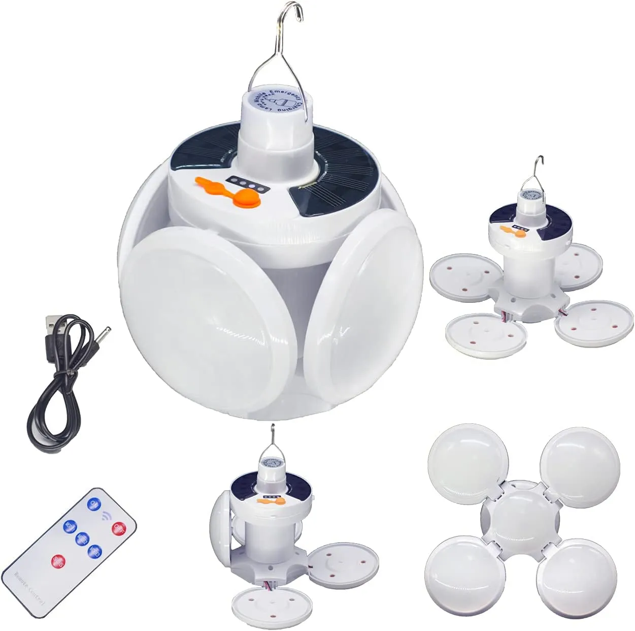 Camping LED Lantern Blub 45LED Tent Solar Lights 5 Mode USB Rechargeable Foldable Remote Control Portable Hooked Hanging Flashlight Outdoor Fishing Emergency Power Outage 1 Pack
