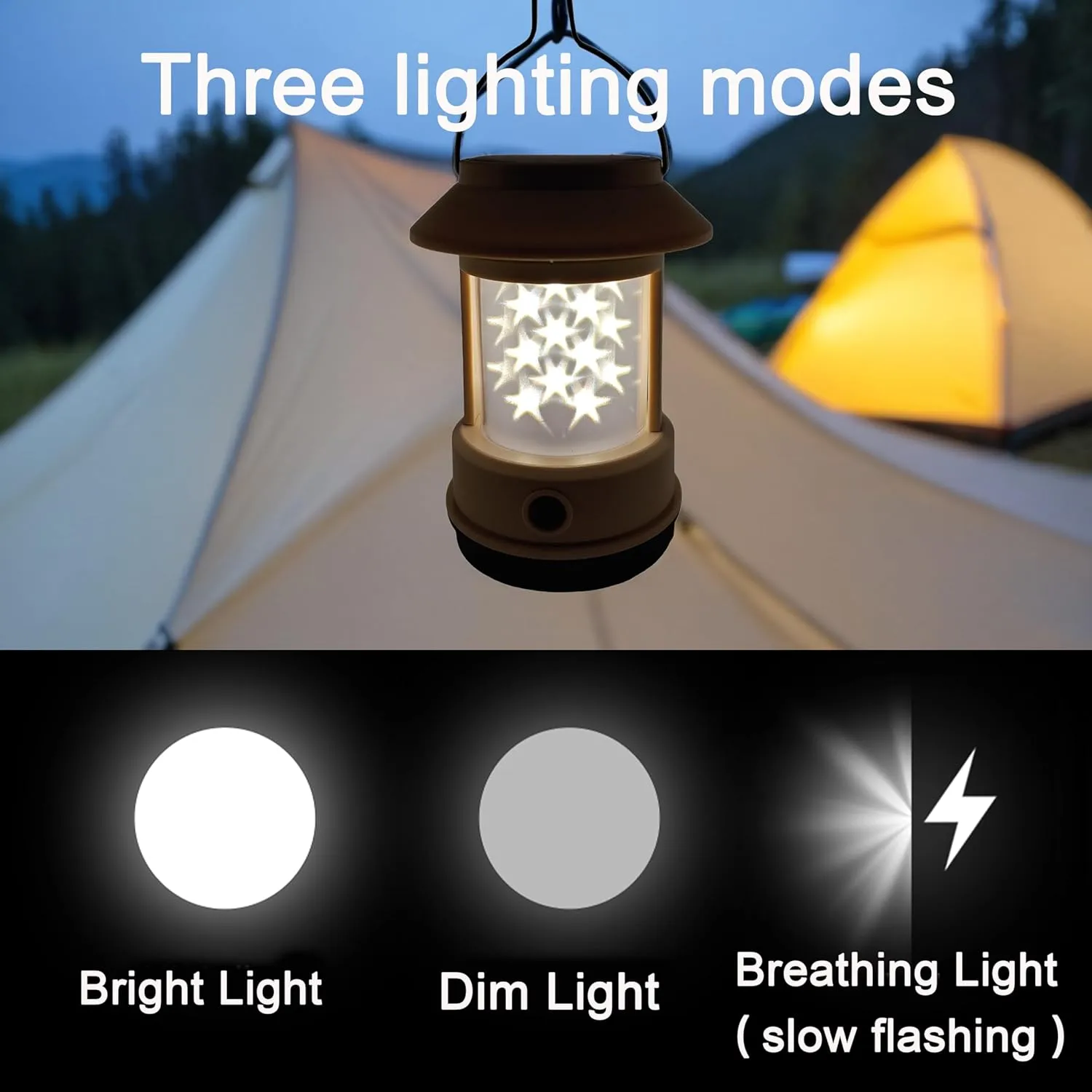 Camping Light Star-Shaped - Rechargeable Kids Camping Lantern, LED Decorative Lights, Solar and USB-C Charging, 3 Lighting Modes, 1200mAh Battery, for Home Decor, Outdoor Camping, and Festival Parties