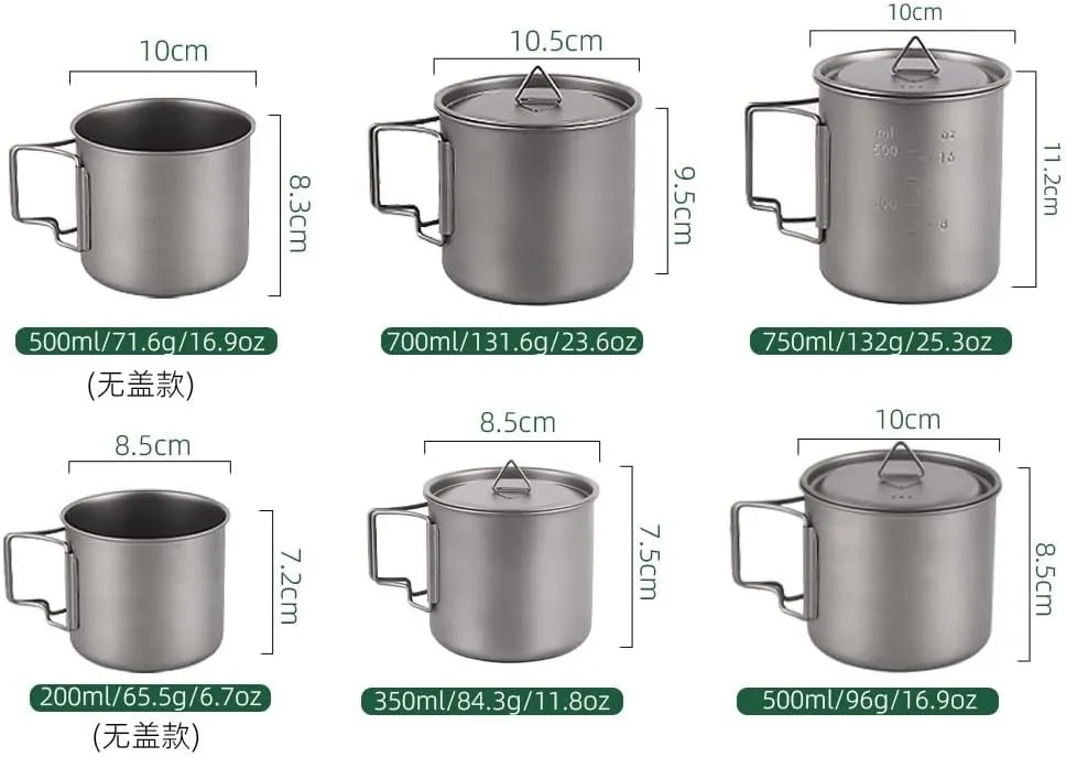 Camping Titanium Cup with Lid Pure Titanium Outdoor Mug Camping Folding Cup 1PC(750ml)