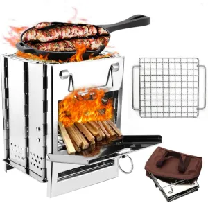 Camping Wood Burning Stove with Carry Bag,Foldable Camp Stove,Stainless Steel Collapsible Backpacking Survival Stove,Campfire Stove,Outdoor Folding Lightweight Stove for BBQ,Cooking,Picnic,Hiking