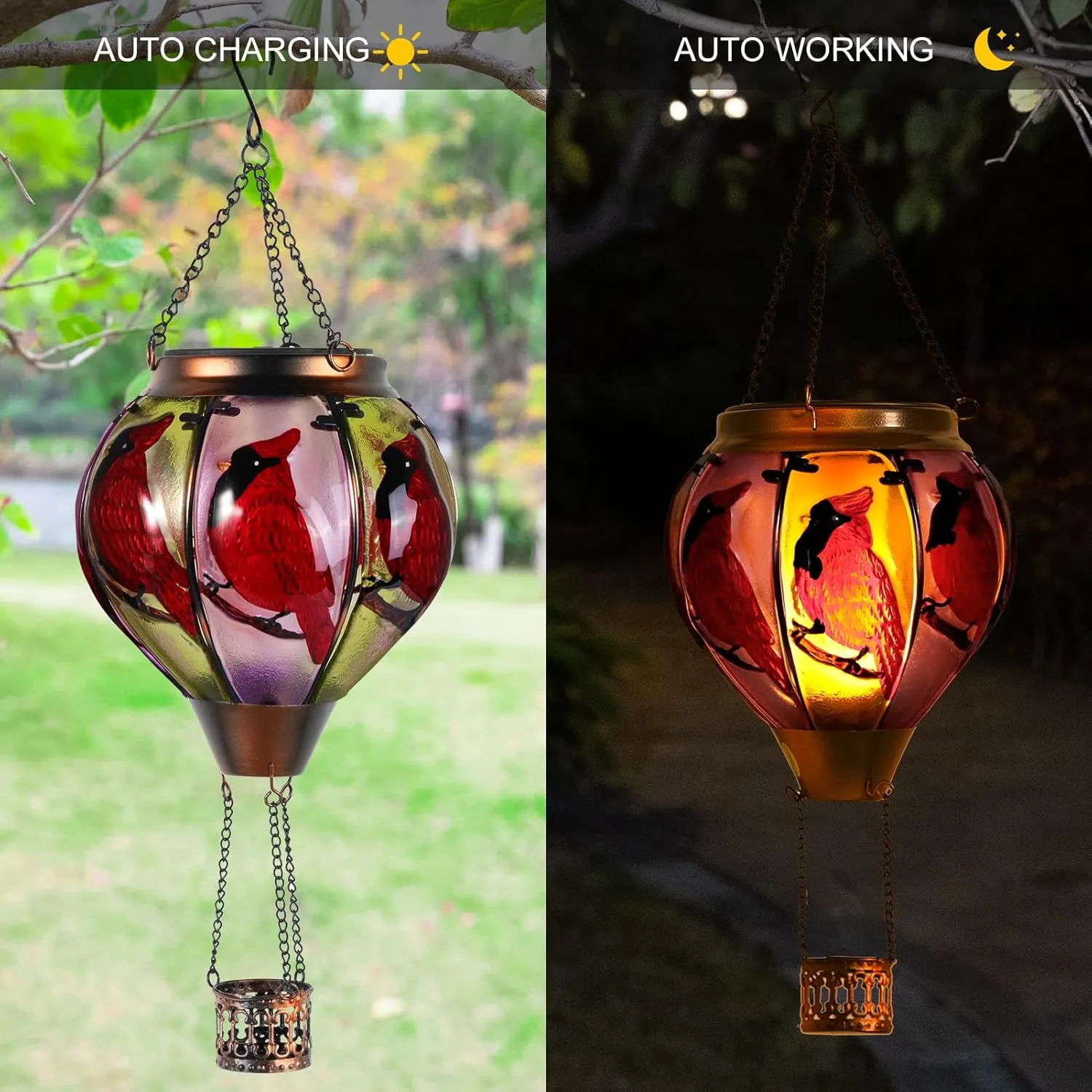 Cardinal Bird Hot Air Balloon Solar Lantern Lights, Solar Hot Air Balloon Flickering Flame Hanging Garden Light Candle LED Glass & Metal Outdoor Waterproof Lanterns Porch Yard Decor, Gift for Mom