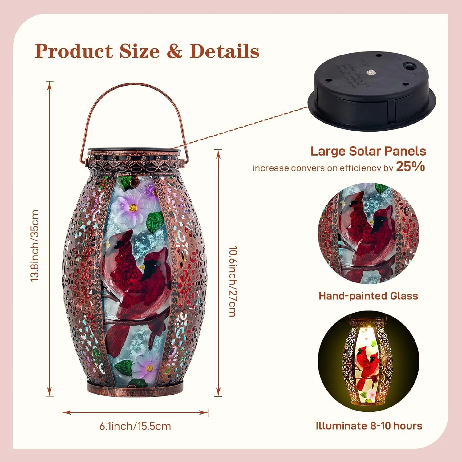 Cardinal Outdoor Solar Lanterns Waterproof 13.8" Large Hanging Solar Lantern Decorative Cardinals Solars Lights for Outside Yard Table Patio Garden Pathway Lawn Cardinal Gifts