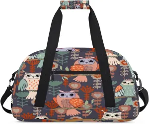 Cartoon Owl Gym Duffel Bag for Men Women Tree Branch Floral Sports Tote Bag with Adjustable Shoulder Strap for Dance Gymnastics Traveling Outdoor Camping Overnight Stay