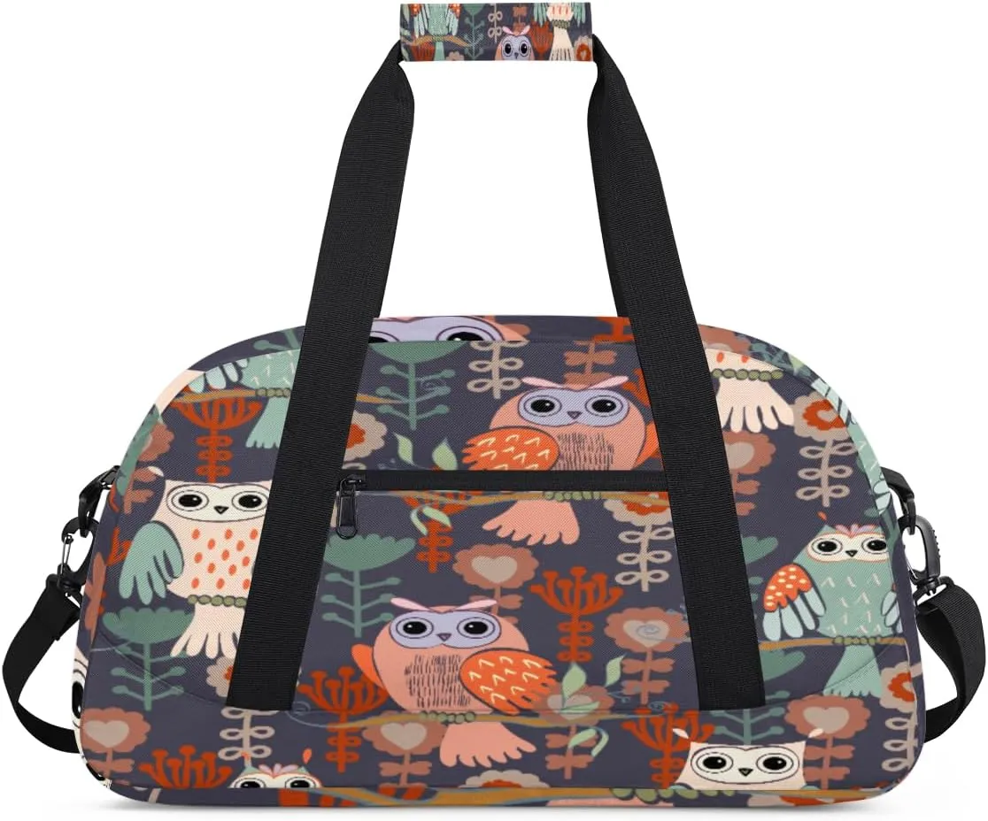Cartoon Owl Gym Duffel Bag for Men Women Tree Branch Floral Sports Tote Bag with Adjustable Shoulder Strap for Dance Gymnastics Traveling Outdoor Camping Overnight Stay