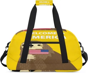 Cartoon Sloth Gym Duffel Bag for Men Women American Flag Sports Tote Bag with Adjustable Shoulder Strap for Dance Gymnastics Traveling Outdoor Camping Overnight Stay