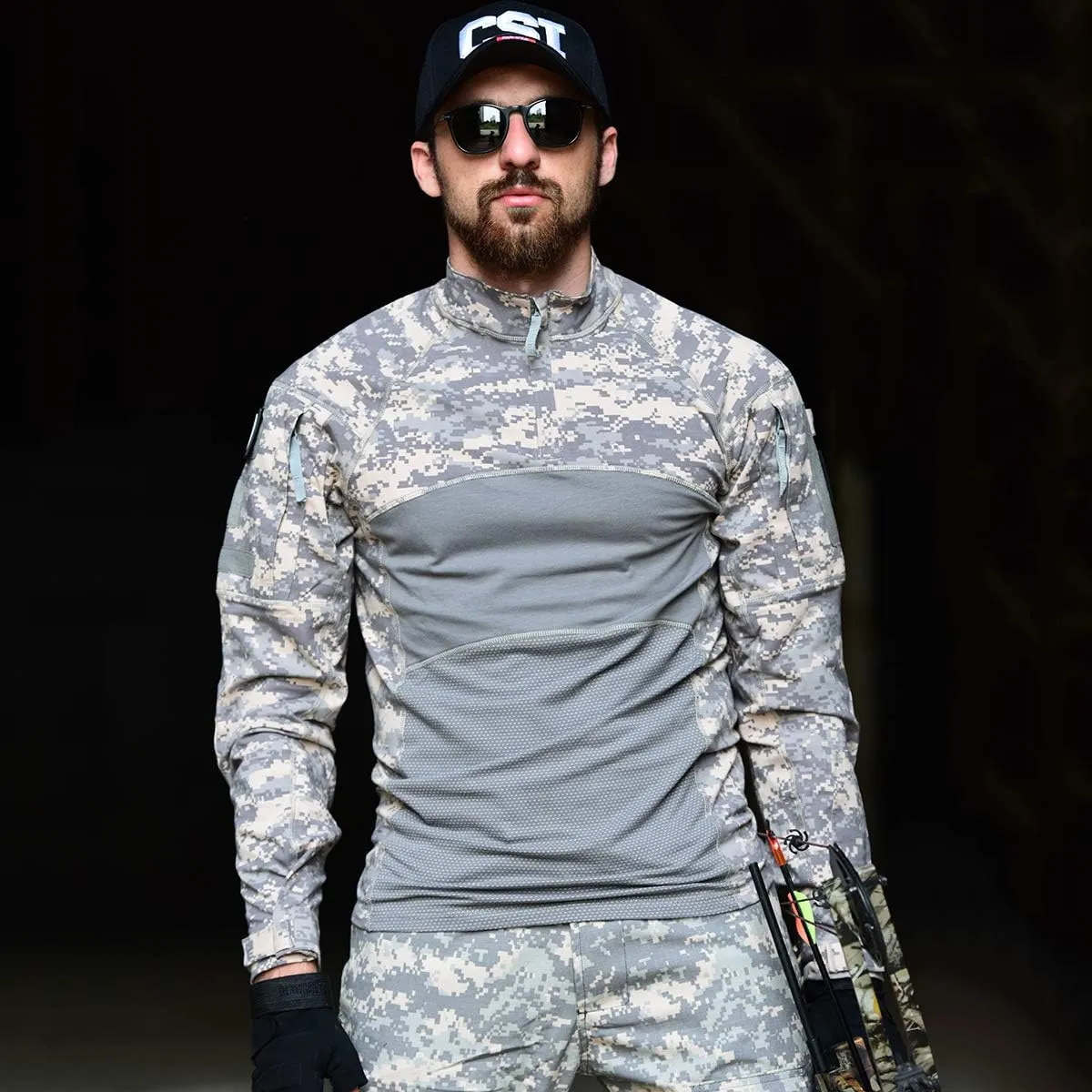 CARWORNIC Gear Men's Tactical Military Combat Shirt Cotton Stretch Army Camo Long Sleeve T Shirt with 1/4 Zip