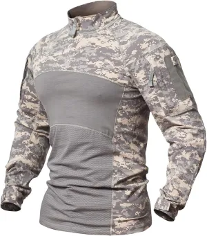 CARWORNIC Gear Men's Tactical Military Combat Shirt Cotton Stretch Army Camo Long Sleeve T Shirt with 1/4 Zip