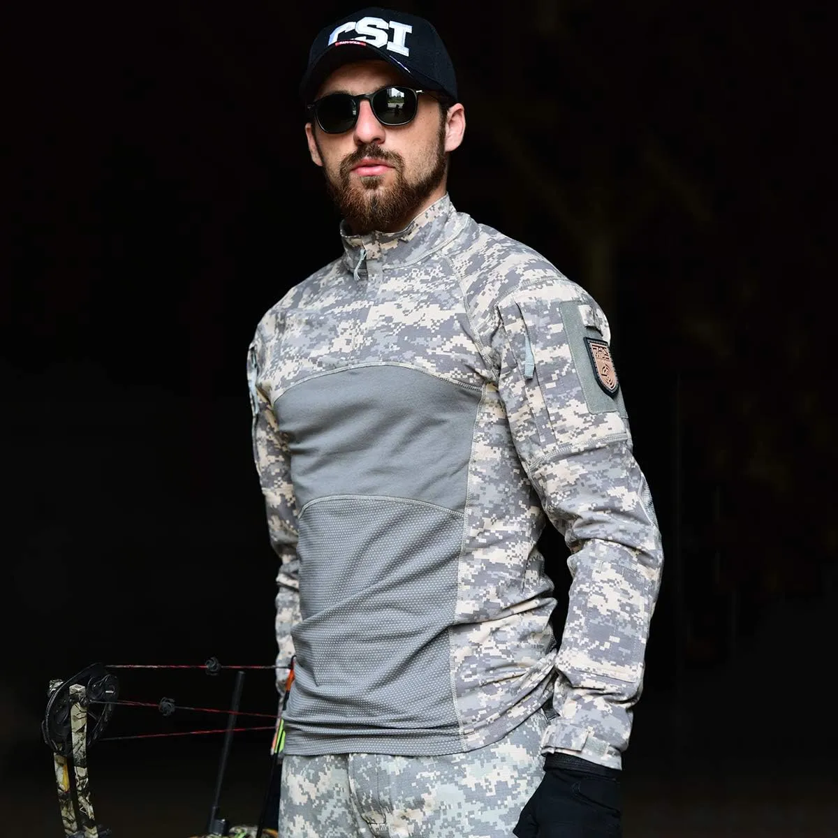 CARWORNIC Gear Men's Tactical Military Combat Shirt Cotton Stretch Army Camo Long Sleeve T Shirt with 1/4 Zip