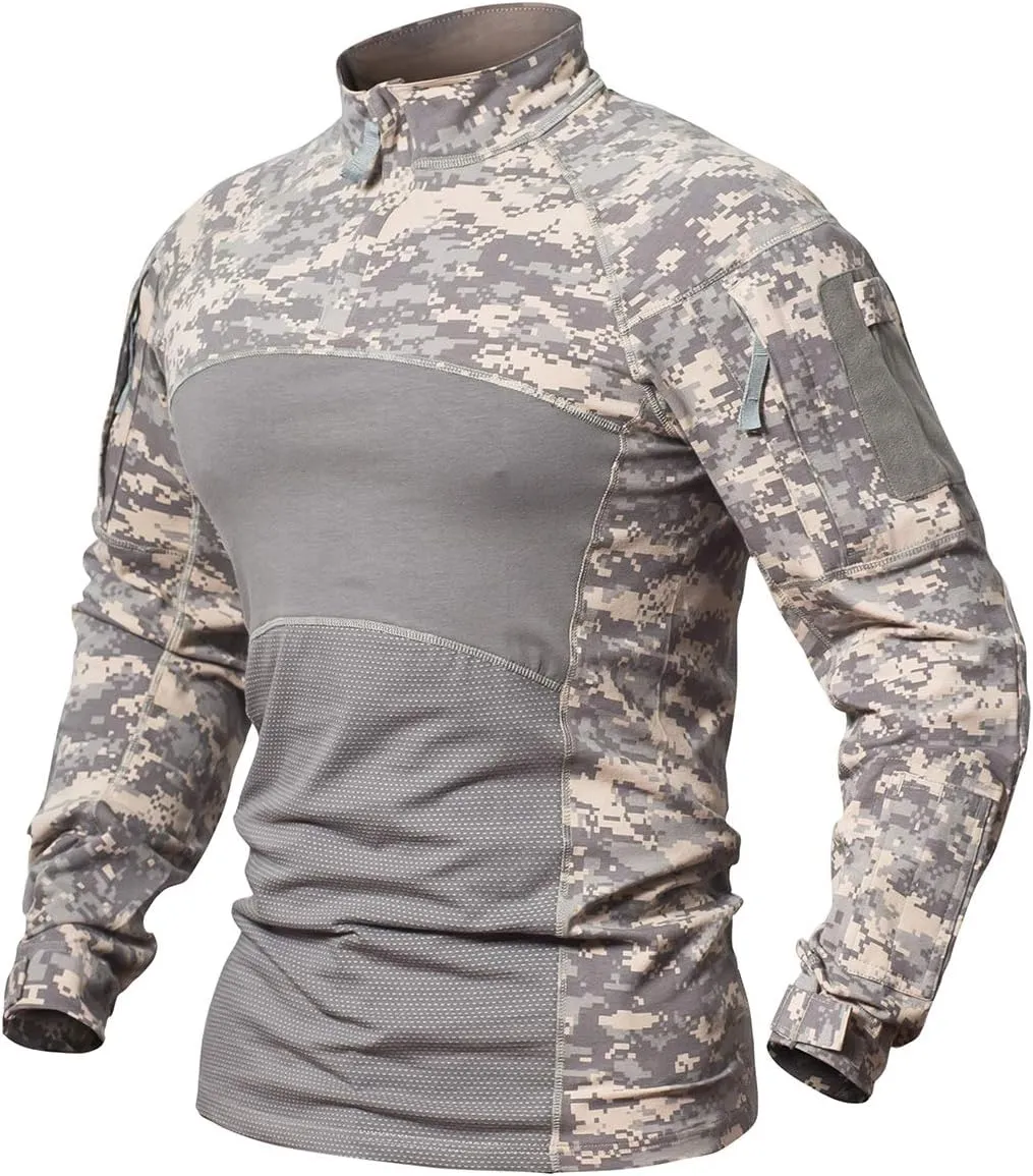 CARWORNIC Gear Men's Tactical Military Combat Shirt Cotton Stretch Army Camo Long Sleeve T Shirt with 1/4 Zip