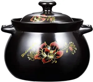 Ceramic Deep Casserole Dish,Earthen Pot Flower Pattern Clay Pot Soup Pot with Lid, Heat-Resistant Cookware for Slow Cooking,Suitable for Gas Electric Ceramic Stove-5.5L