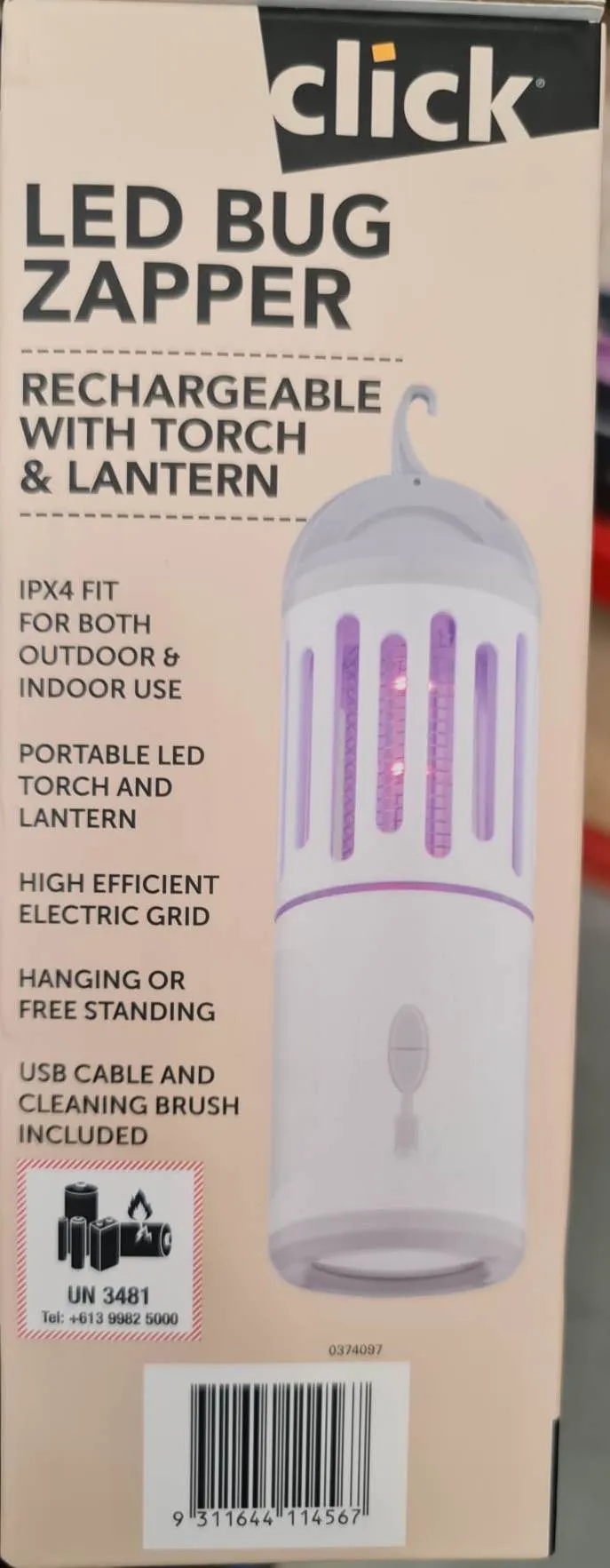 Click LED Bug Zapper Rechargeable With Torch & Lantern/Ideal for Camping
