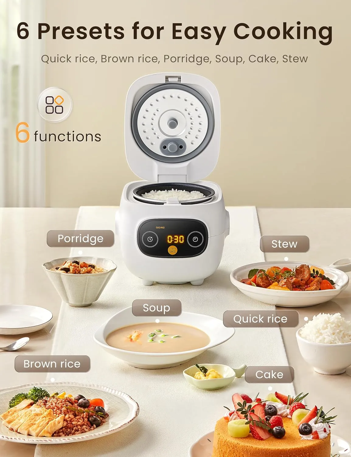 COMFEE' Mini Rice Cooker 4 Cups Cooked/2 Cups Uncooked, Portable Non-Stick rice maker, 24 hours Timer Delay, 6 Functions, Fast Cooker, Brown Rice, Oatmeal, White