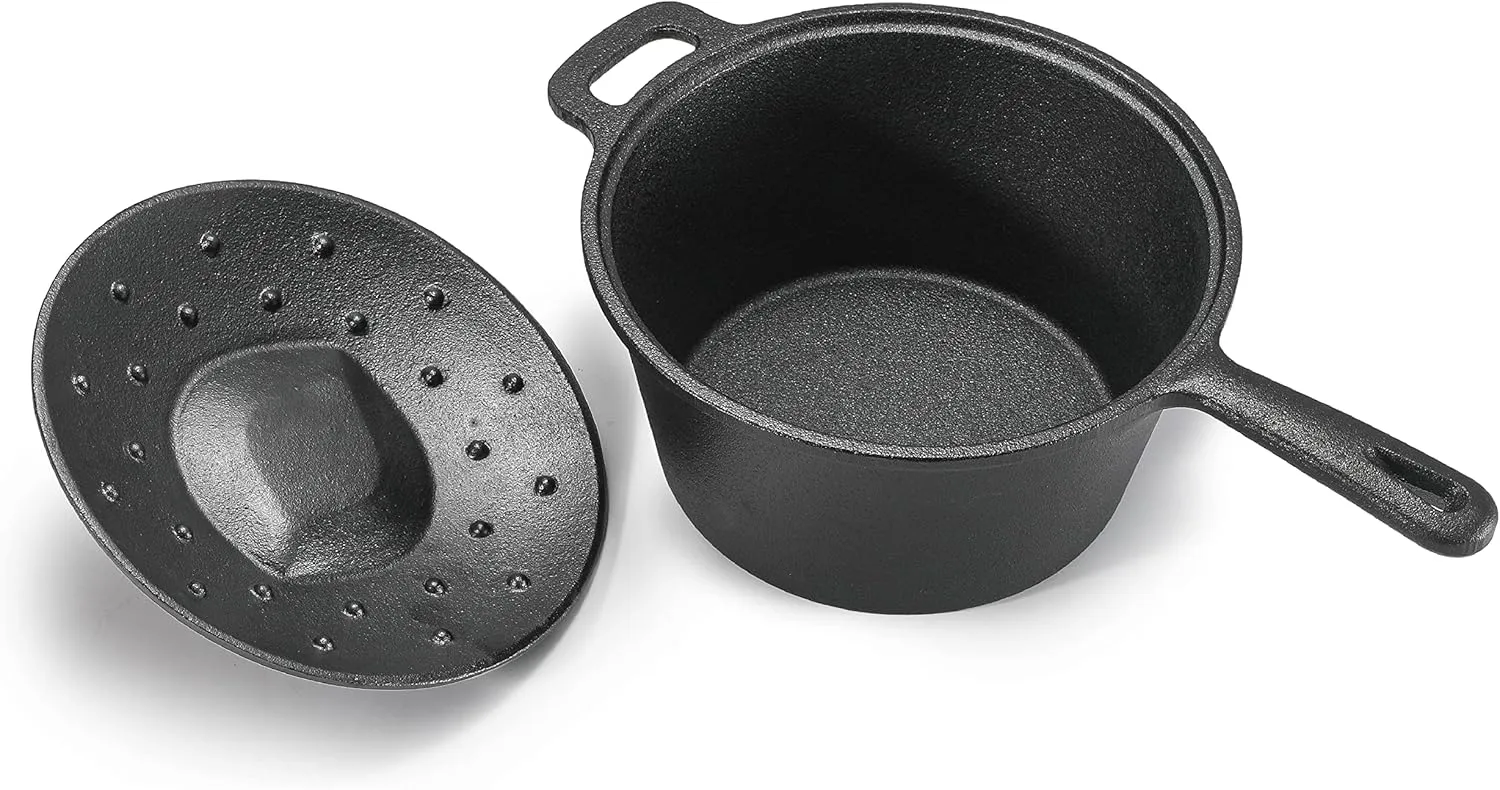COMMERCIAL CHEF 2 Quart Cast Iron Saucepan, Dutch Oven Cast Iron Saucepan with Lid and Looped Handle, Camping Cookware & Sauce Pan for Indoor & Outdoor Recipes Black