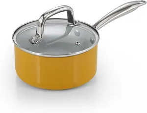 Cook N Home Nonstick Sauce Pan with Glass Lid, 1.5-Quart Small Saucepan Hard Anodized Non Stick Ceramic Cookware, Induction Cooking Pots and Pans with Stay-Cool Handles, Cacerola, Yellow
