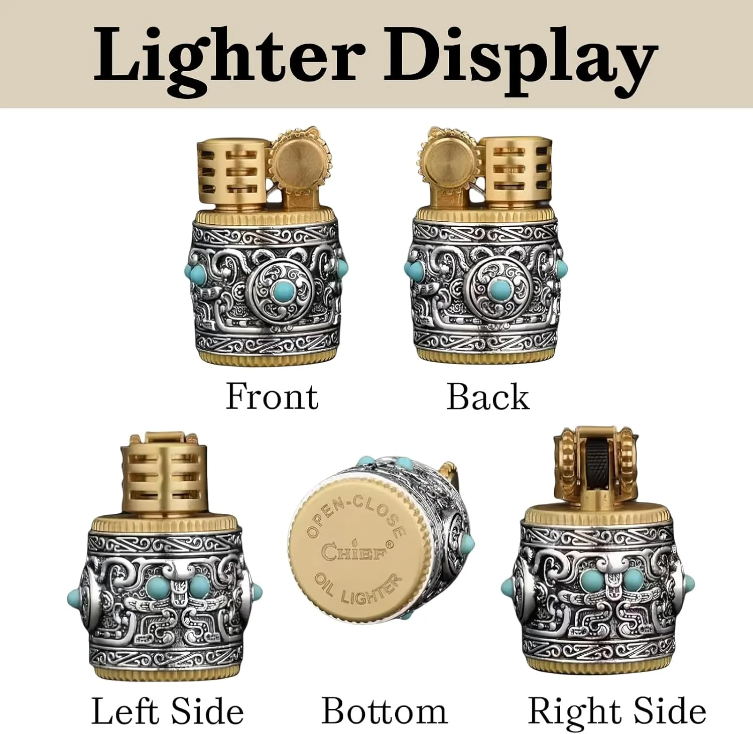 Cool Embossed Design Kerosene Wheel Lighter Refillable Eco-Friendly, Vintage Dazzling & Ultra-Cool, Unique for Men Candles Gift Camping BBQ (No Kerosene) (1#)