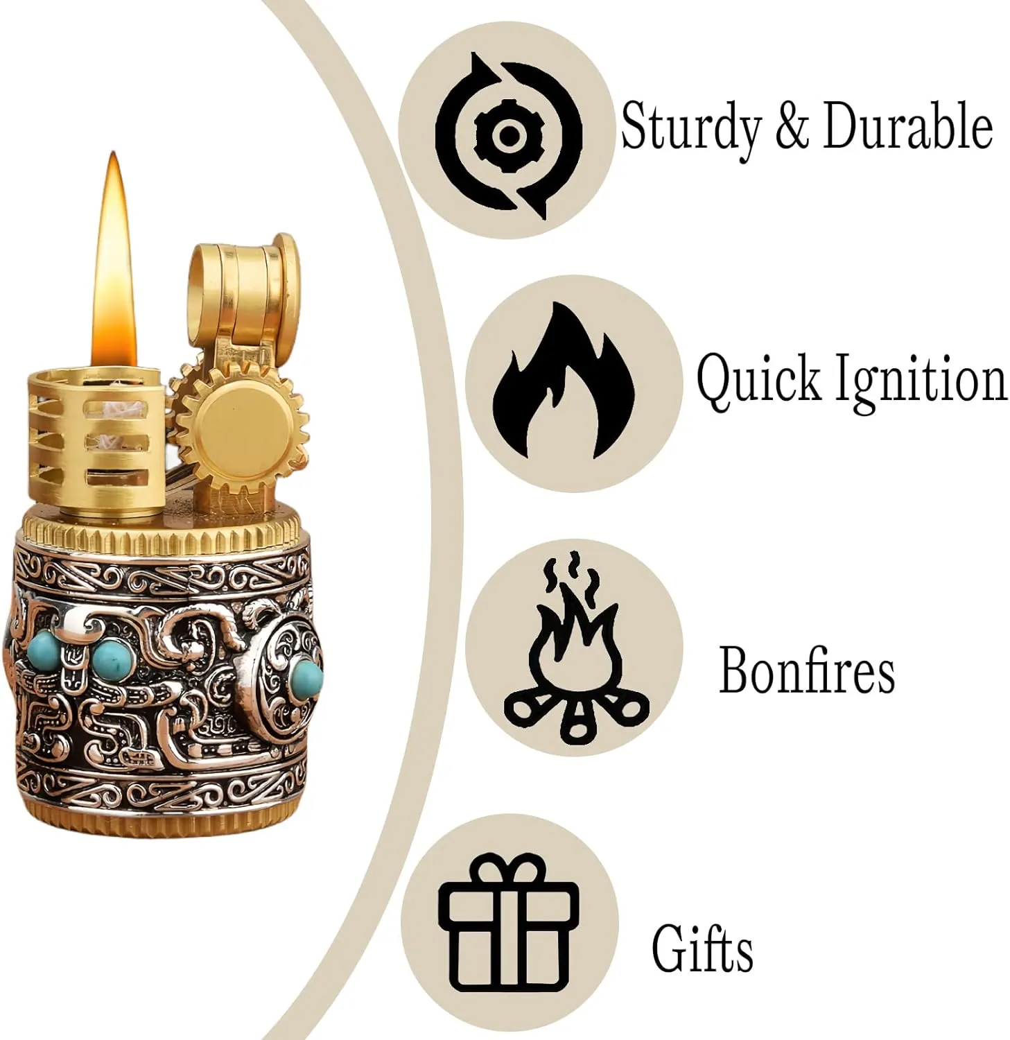 Cool Embossed Design Kerosene Wheel Lighter Refillable Eco-Friendly, Vintage Dazzling & Ultra-Cool, Unique for Men Candles Gift Camping BBQ (No Kerosene) (1#)