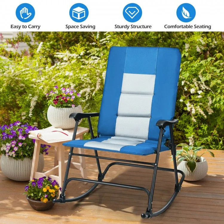 Costway Blue Rocking Camping Chair Folding Chair with Armrests and Cushions - Suitable for Camping, Backyard, Pool, and Garden