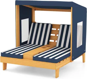 COSTWAY Kids Double Chaise Lounge Outdoor, 2-Seat Patio Lounge Chair with Cup Holders & Cushions, Kids Pool Lounger with Canopy, Wood Patio Furniture for Children Boys Girls 3-5 Year Old (Navy)