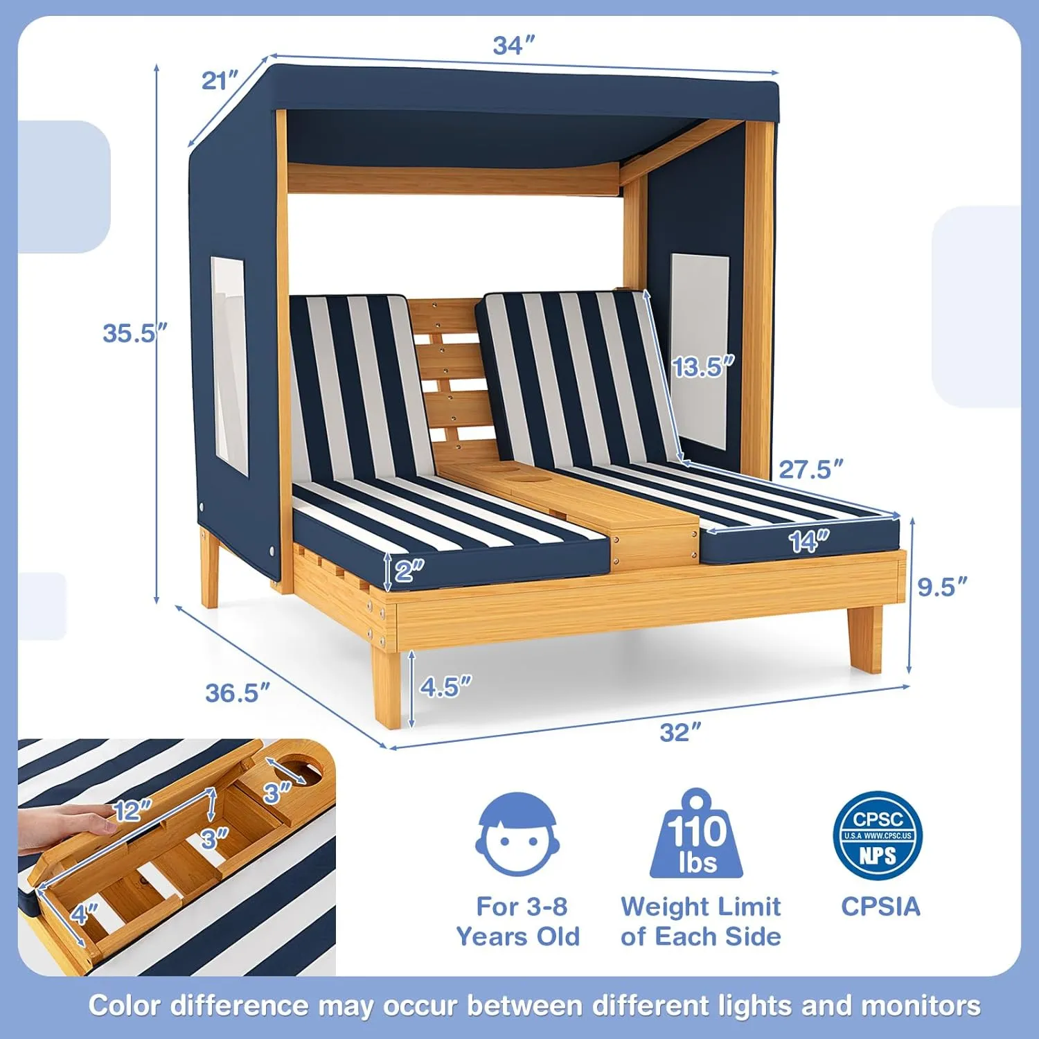 COSTWAY Kids Double Chaise Lounge Outdoor, 2-Seat Patio Lounge Chair with Cup Holders & Cushions, Kids Pool Lounger with Canopy, Wood Patio Furniture for Children Boys Girls 3-5 Year Old (Navy)