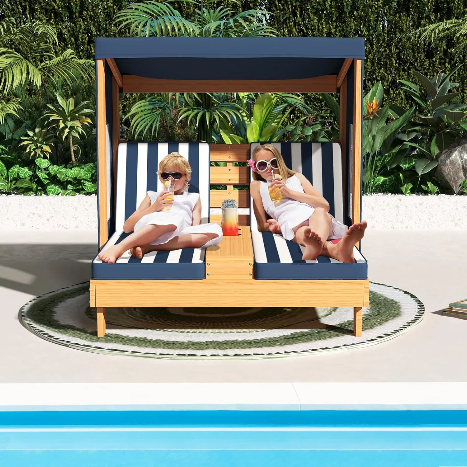 COSTWAY Kids Double Chaise Lounge Outdoor, 2-Seat Patio Lounge Chair with Cup Holders & Cushions, Kids Pool Lounger with Canopy, Wood Patio Furniture for Children Boys Girls 3-5 Year Old (Navy)