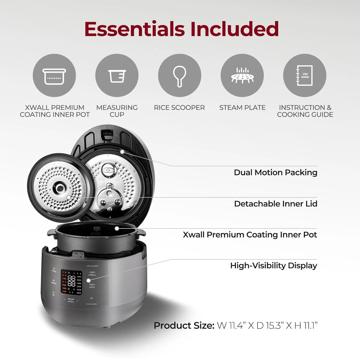 CUCKOO CRP-ST1009FG 10-Cup (Uncooked) / 20-Cup (Cooked) Twin Pressure Rice Cooker & Warmer with Nonstick Inner Pot, 16 Menu Modes, 3 Voice Guide, Auto Clean (Gray)