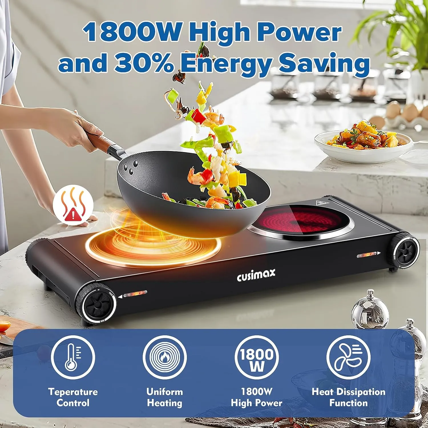 Cusimax Hot Plate,1800W Electric Stove Countertop Double Burner with Adjustable Temperature,Ceramic Glass Infrared Burner,Portable Hot Plates for Cooking,Compatible for All Cookwares