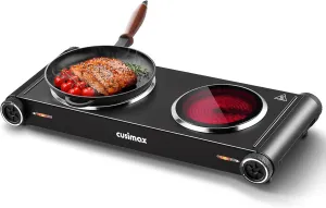 Cusimax Hot Plate,1800W Electric Stove Countertop Double Burner with Adjustable Temperature,Ceramic Glass Infrared Burner,Portable Hot Plates for Cooking,Compatible for All Cookwares