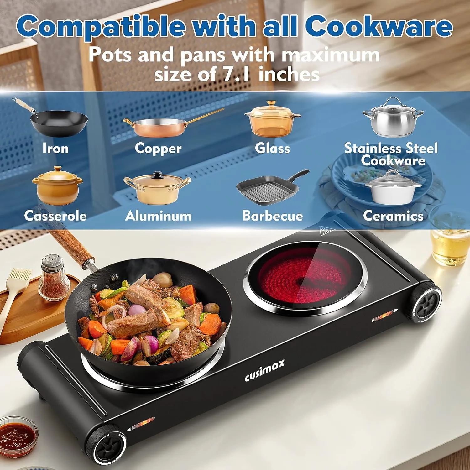 Cusimax Hot Plate,1800W Electric Stove Countertop Double Burner with Adjustable Temperature,Ceramic Glass Infrared Burner,Portable Hot Plates for Cooking,Compatible for All Cookwares